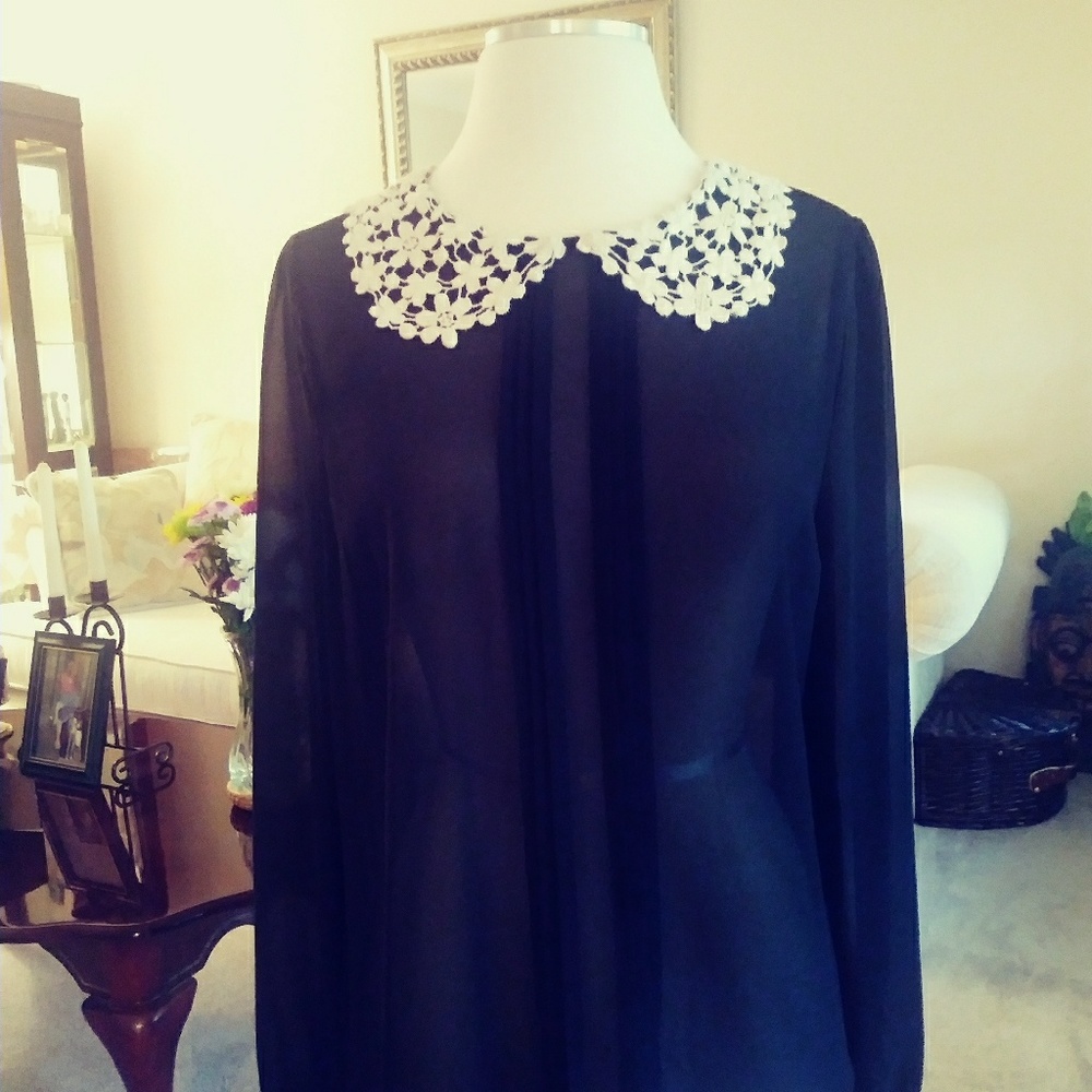 Black Mesh Top with a Peter Pan Collar Size L